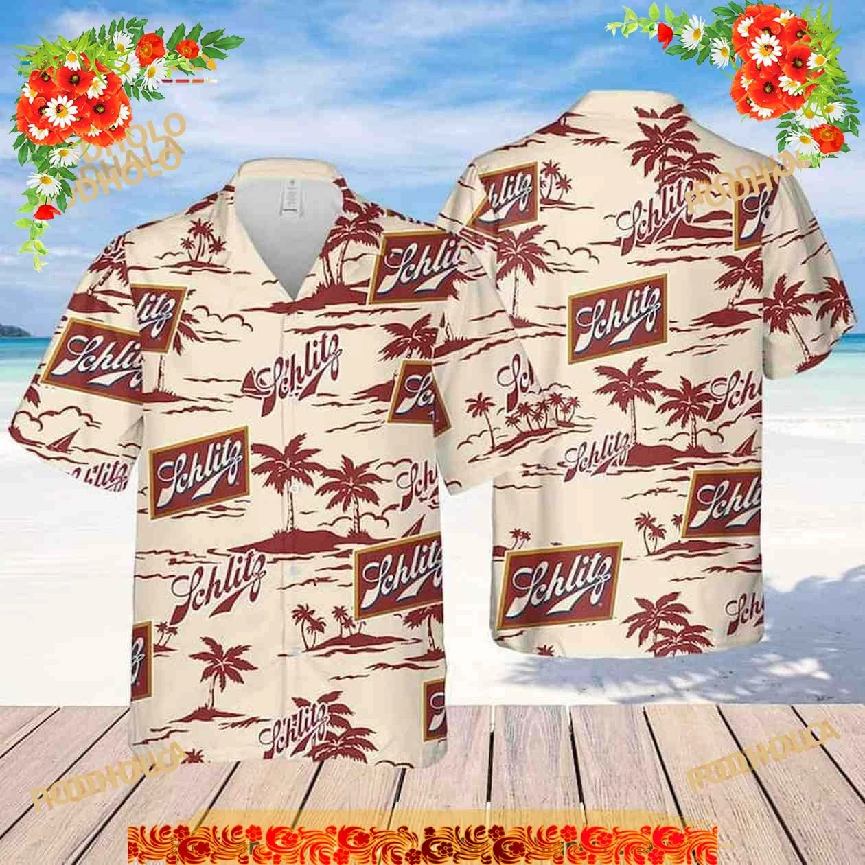 Schlitz Beer Beach Pattern Funny Hawaiian Shirt NWT