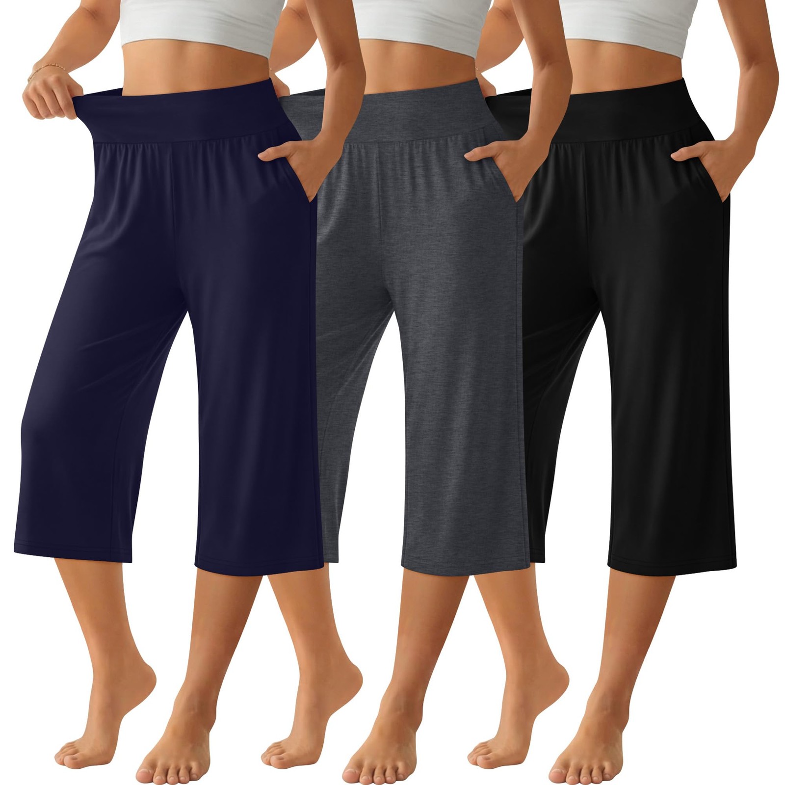 3 Pack Women Capri Pants Wide Leg High Waist Crop Lounge Sweatpants Loose Sum…