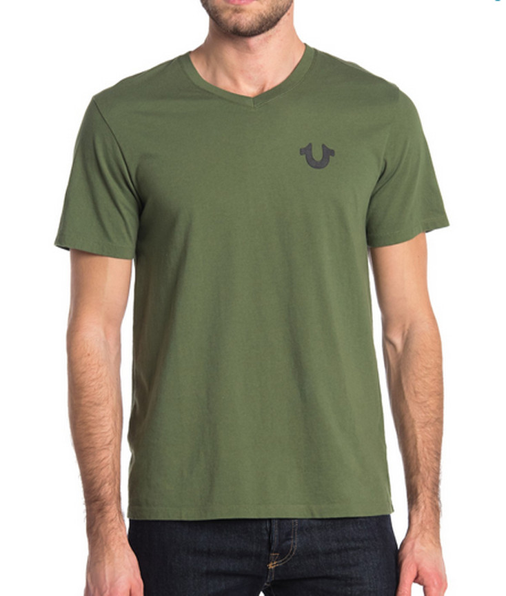 True Religion Clasic Horseshoe Logo V-Neck T-Shirt Military Green NWT $69