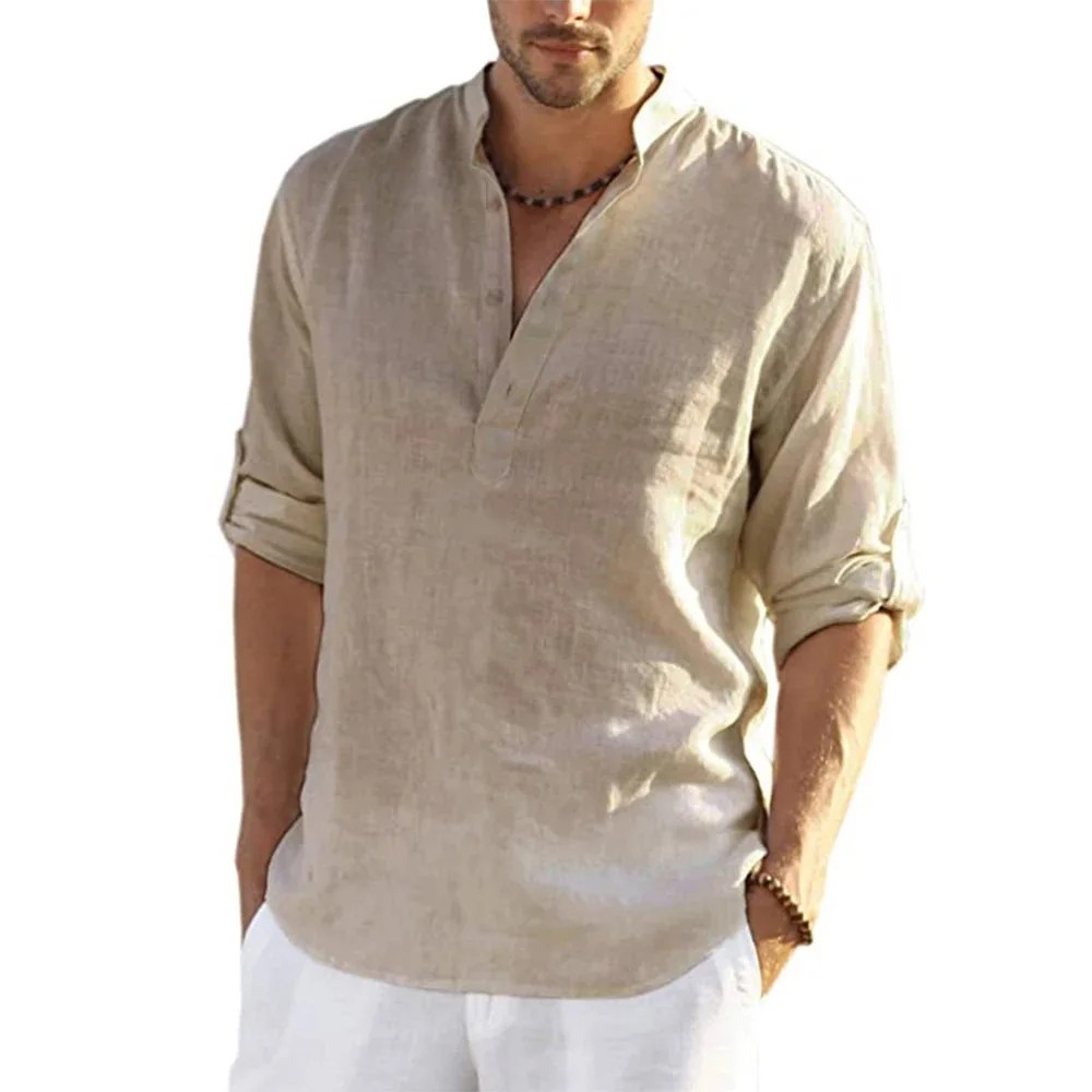 Men's Cotton Linen Henley Long Sleeve Shirt Casual Beach T-shirt Tee Summer Gift gallery