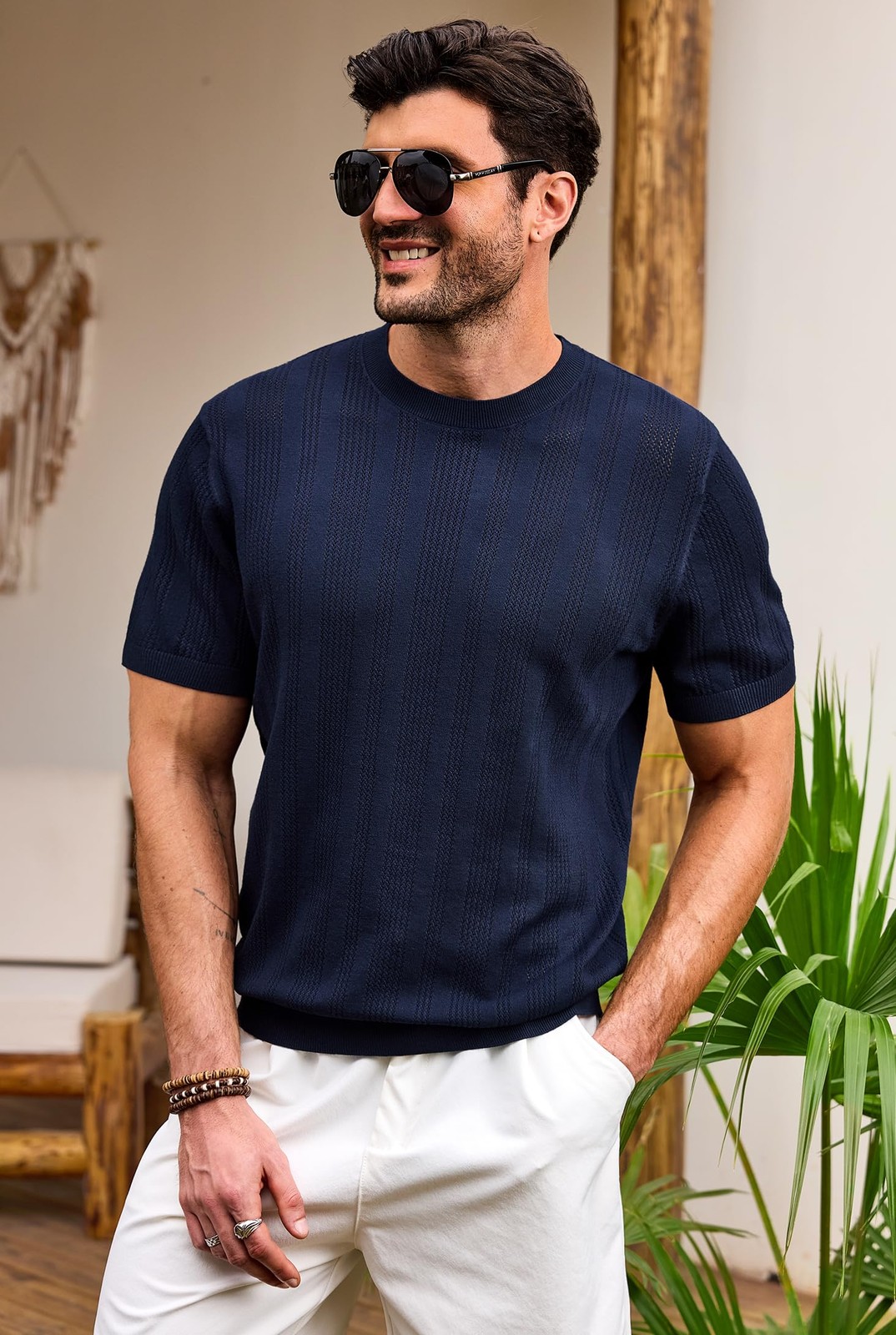 Mens Knit Tshirt Stylish Trendy T-Shirt Breathable Spring Shirts Crochet Vint... gallery