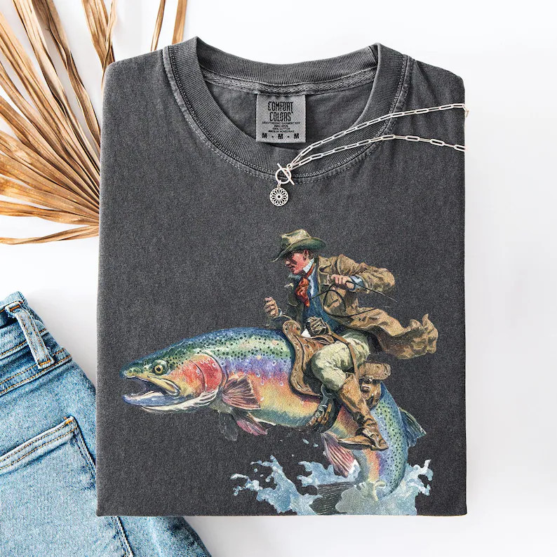 Cowboy Riding Rainbow Trout Fishing Comfort Tee gallery