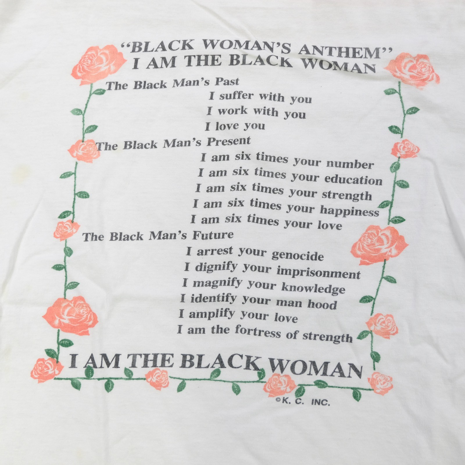 Rare VTG CARIBBEAN DREAM Black Woman Anthem Roses Graphic T Shirt 90s White SZ L gallery