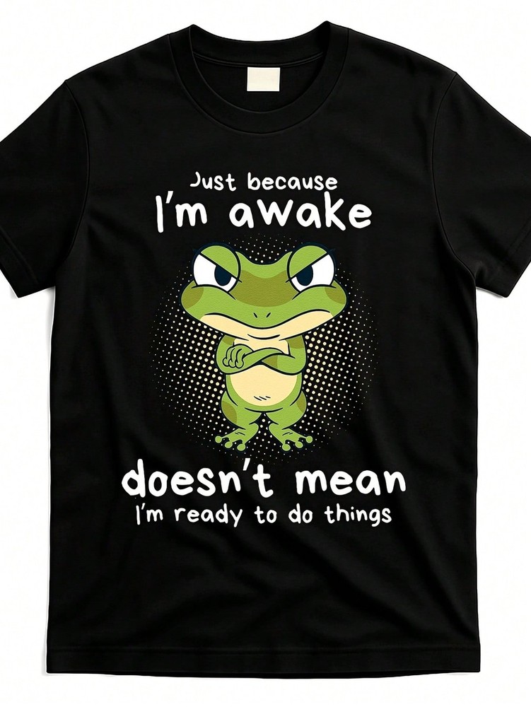 Man’ S Frog Print Black TShirt, Casual Cotton Tee, Medium Stretch Knit Fabric