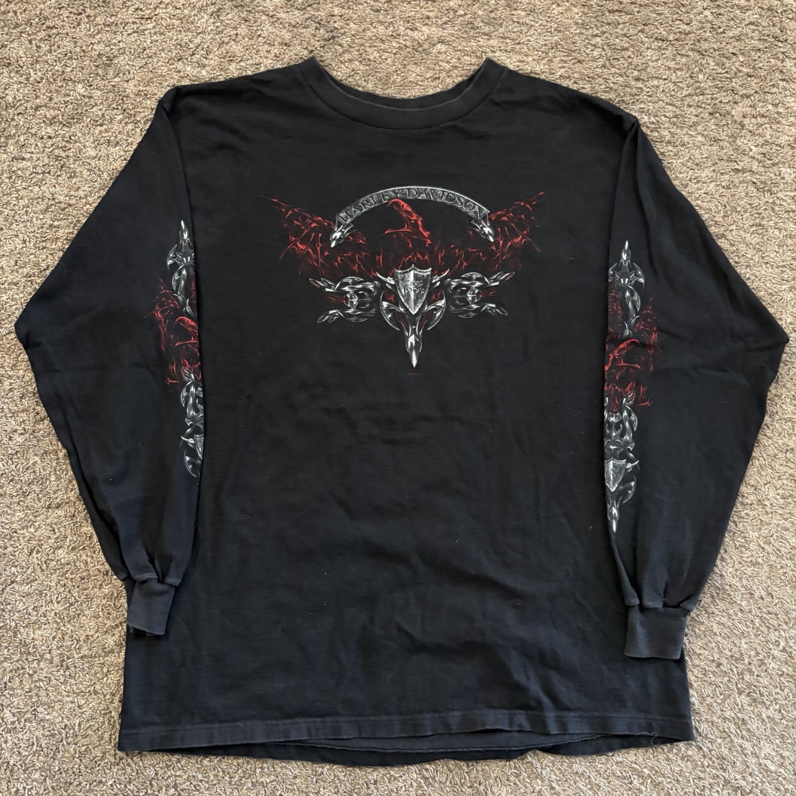 Vintage 2002 Harley Davidson Long Flame Sleeve Double Sided XL Goth Biker gallery