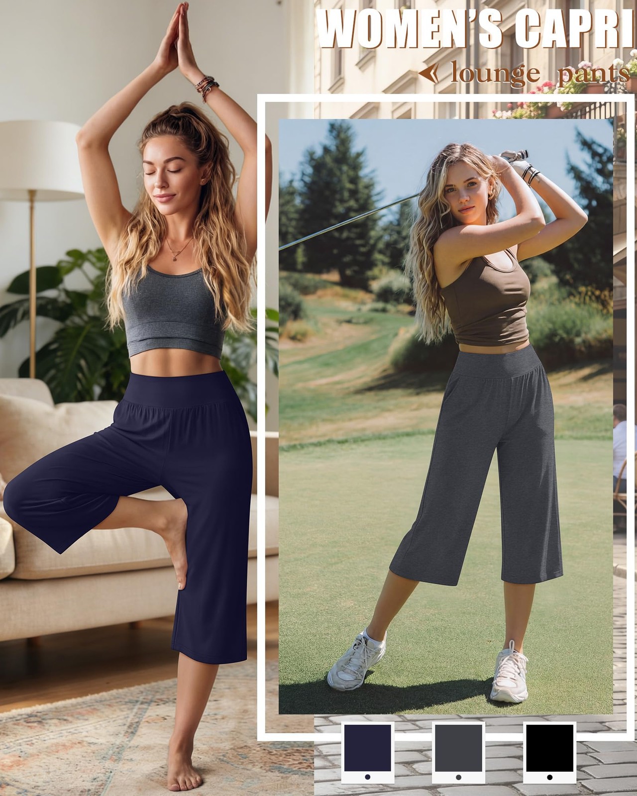 3 Pack Women Capri Pants Wide Leg High Waist Crop Lounge Sweatpants Loose Sum... gallery