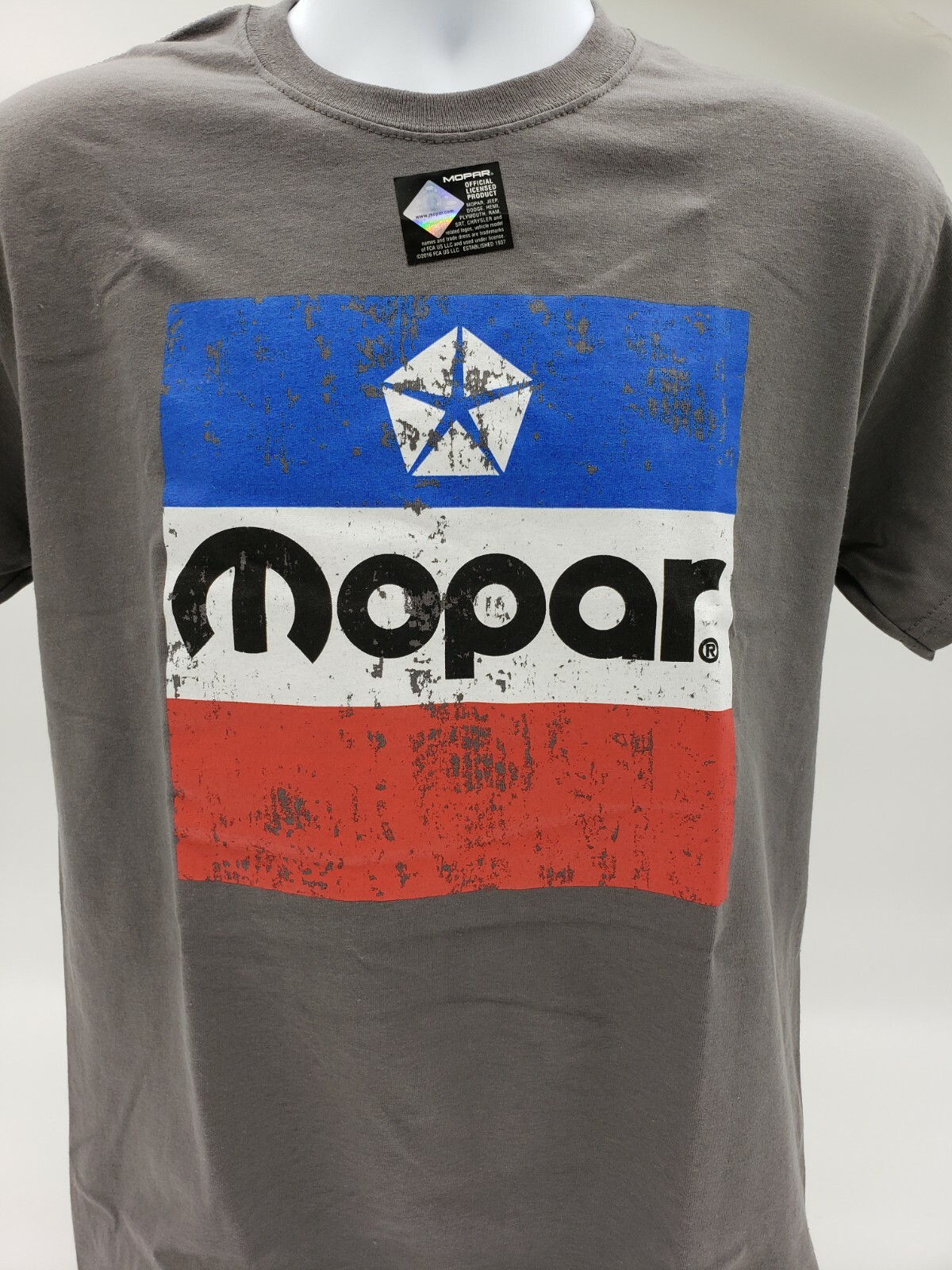 Gray T-Shirt w/ Large Red White & Blue 1972 Mopar Emblem / Logo On Front gallery