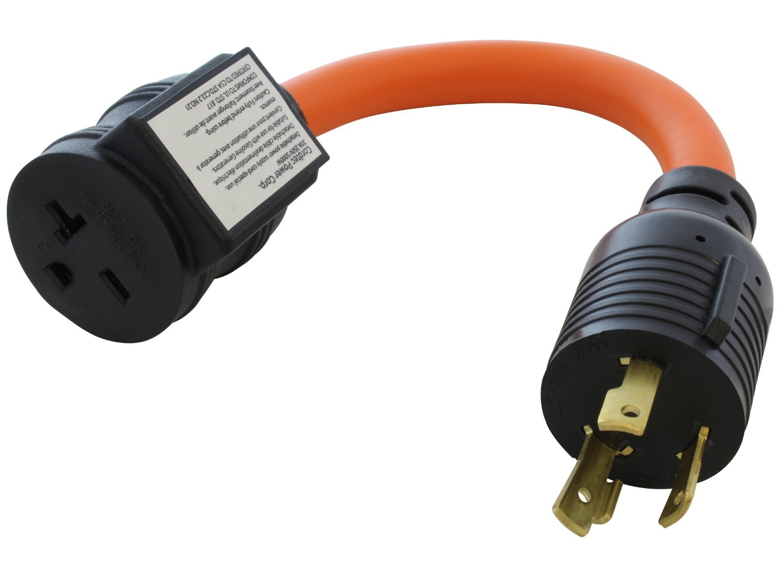 AC WORKS® L6-30P to 6-15/20R Adapter with 20A Breaker, 250V, 1ft