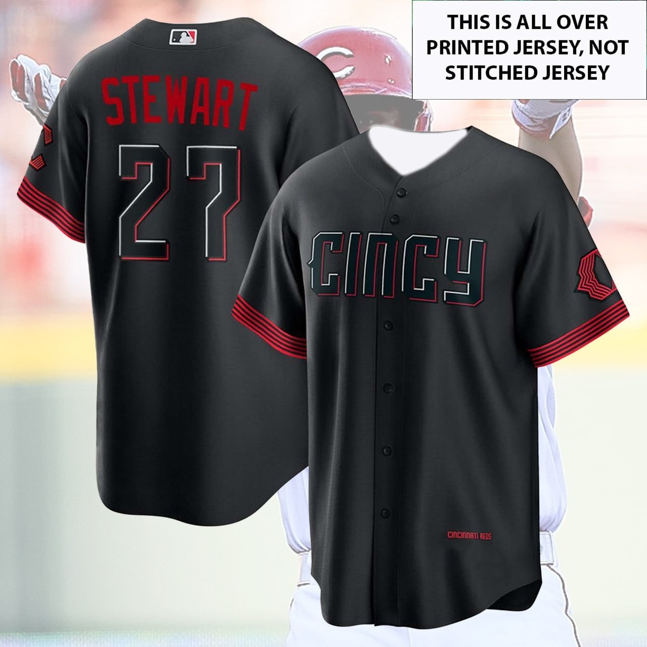 🔥Sal #27 Stewart Cincinnati Baseball Team 2026 Number & Name AOP For Fans gallery