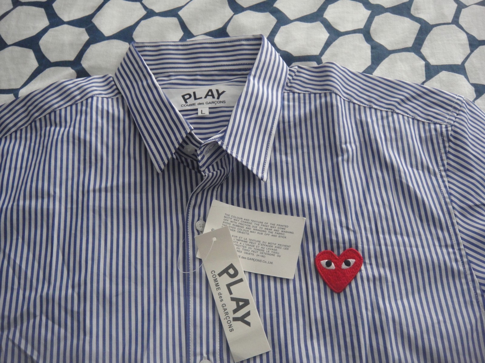 COMME des GARCONS Play Men's Short Sleeve Shirt Blue Color RED Heart Size L ,NWT gallery