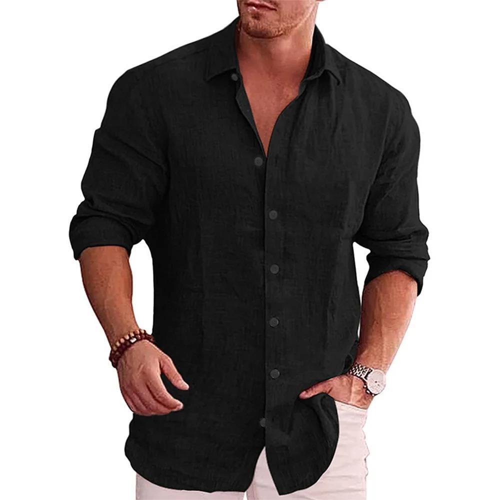 Cotton Linen Autumn Hot Selling Men's Long Sleeve Shirt Solid Color Casual Style gallery