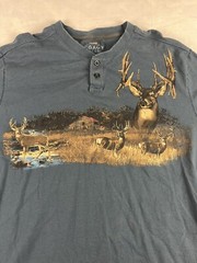 Legacy Falls Whitetail Buck Deer Hunter Outdoors Blue Henley Shirt Mens Size XL