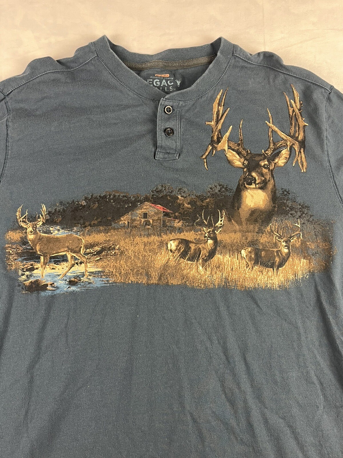 Legacy Falls Whitetail Buck Deer Hunter Outdoors Blue Henley Shirt Mens Size XL gallery