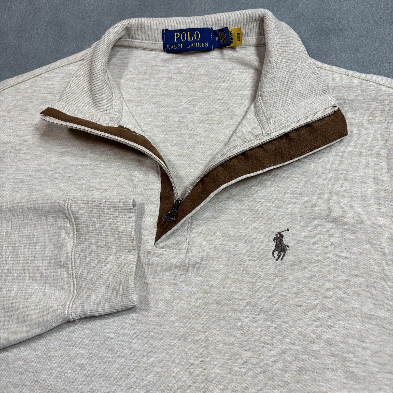 Polo Ralph Lauren Long Sleeve 1/4 Zip Pullover LSHZM16 Beige Brown Zipper Mens M