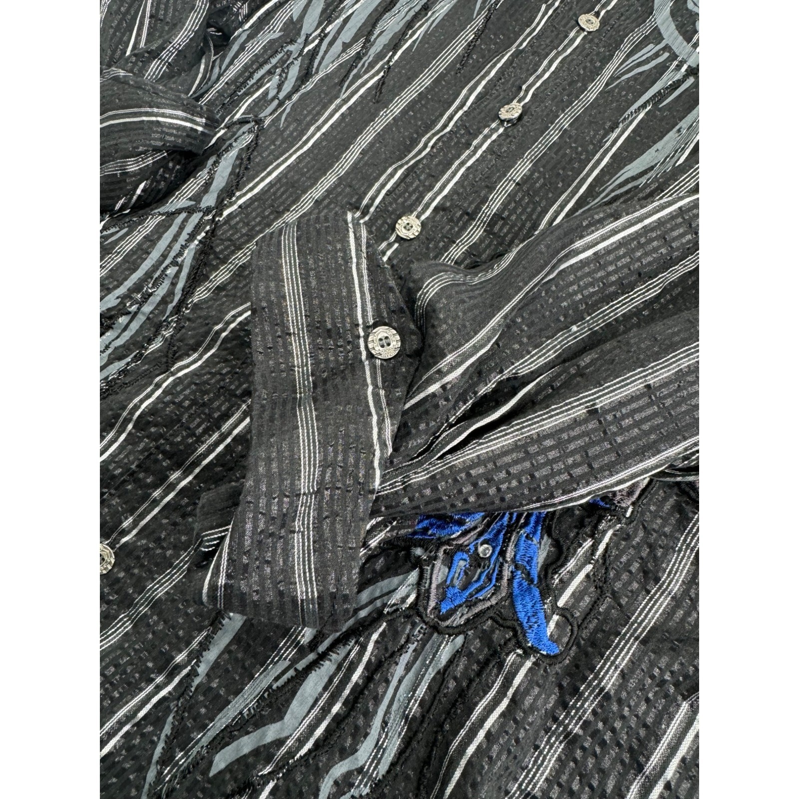 VTG Men Shirt Y2K Semi Sheer Metallic Embroidered Cross 3/4 Sleeve Bling Goth XL gallery