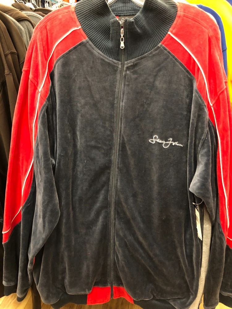 SEAN JOHN VELOUR TRACK JACKET MENS ZIP UP THROWBACK VINTAGE MENS CHARCOAL/RED