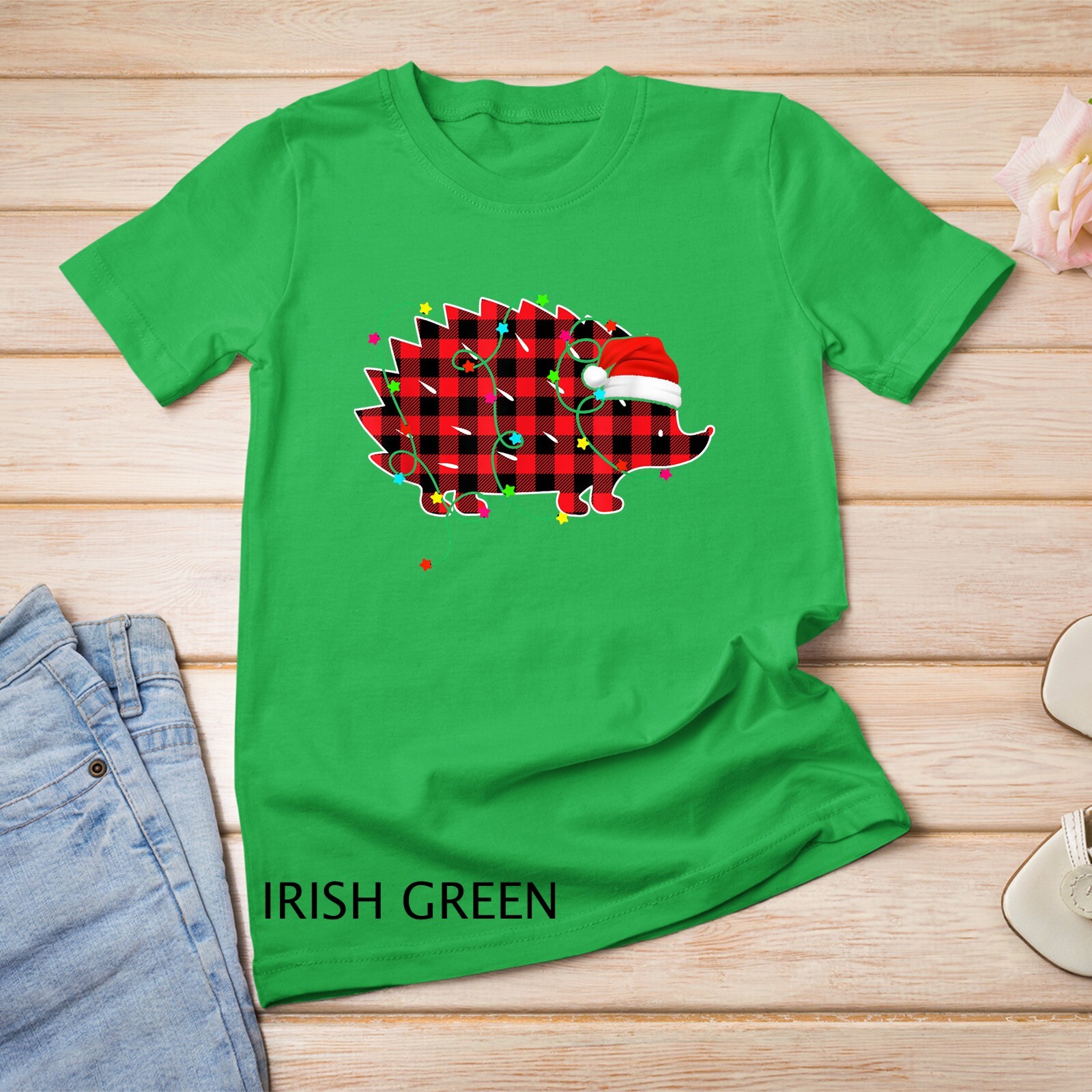 Funny Hedgehog Christmas Tree Red Plaid Xmas Animals Lover Unisex T-shirt gallery