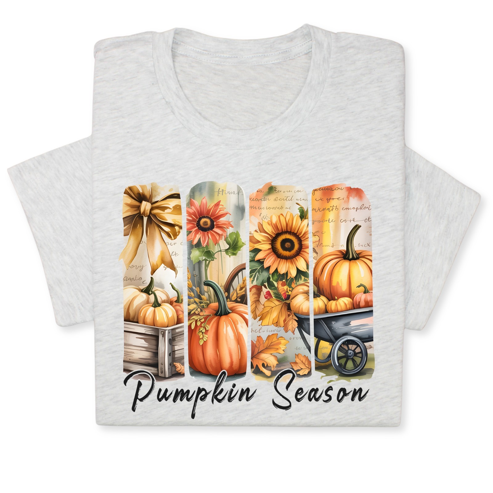 Pumpkin Season Print Shirt, Fall Tee with Sunflowers & Cart gallery