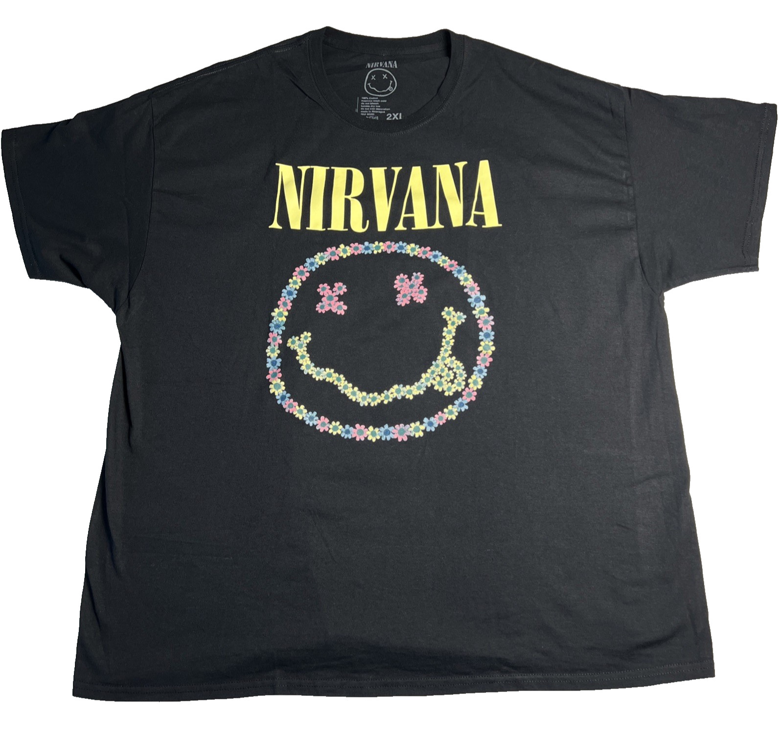 Nirvana Floral Smiley Face Logo Graphic Print Black 2022 T Shirt Mens Size 2XL
