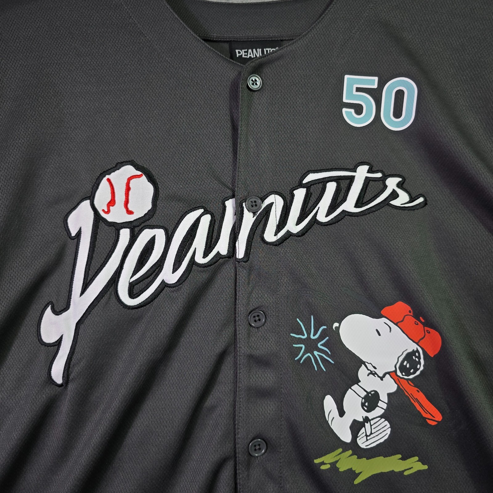 Peanuts® Snoopy Baseball Jersey shirt Mens Large Black Charlie Brown Button NWT gallery