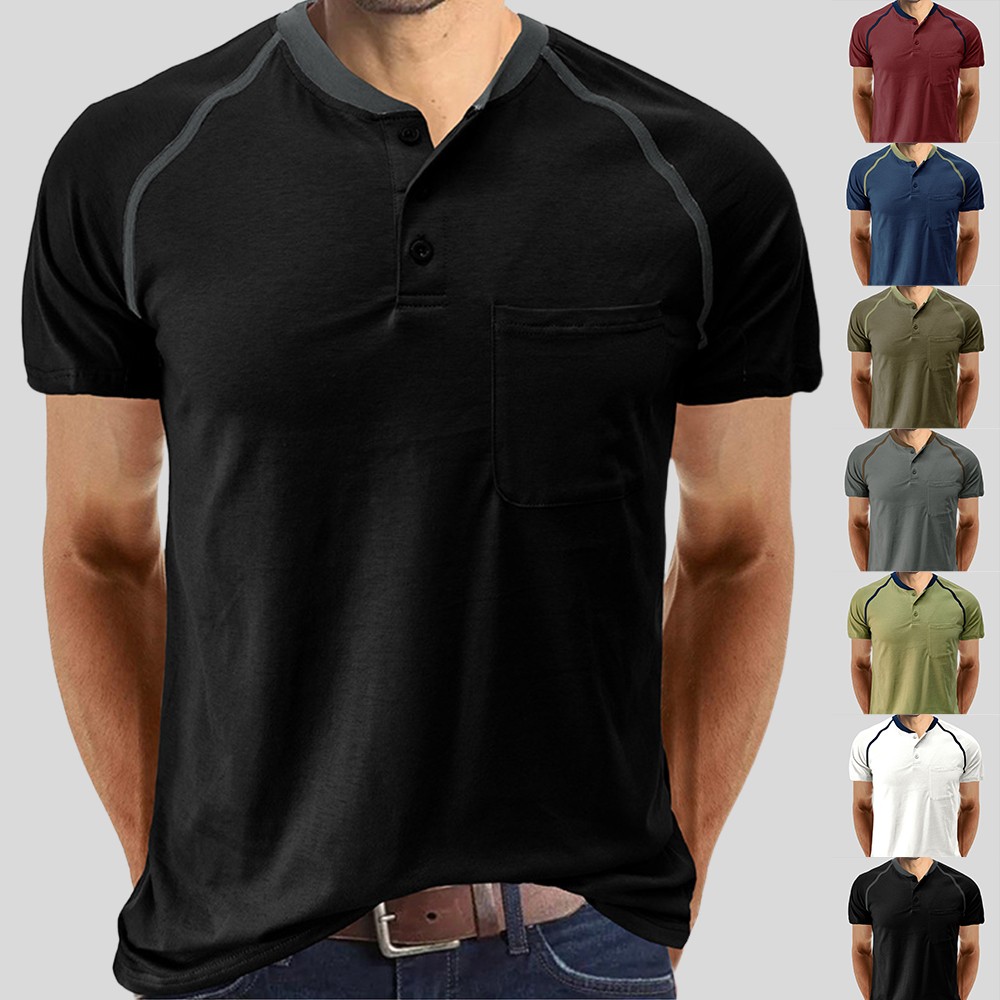 Men's Colorblock Short Sleeve Casual Blouse T-Shirt Button Collar Shirt Tops gallery