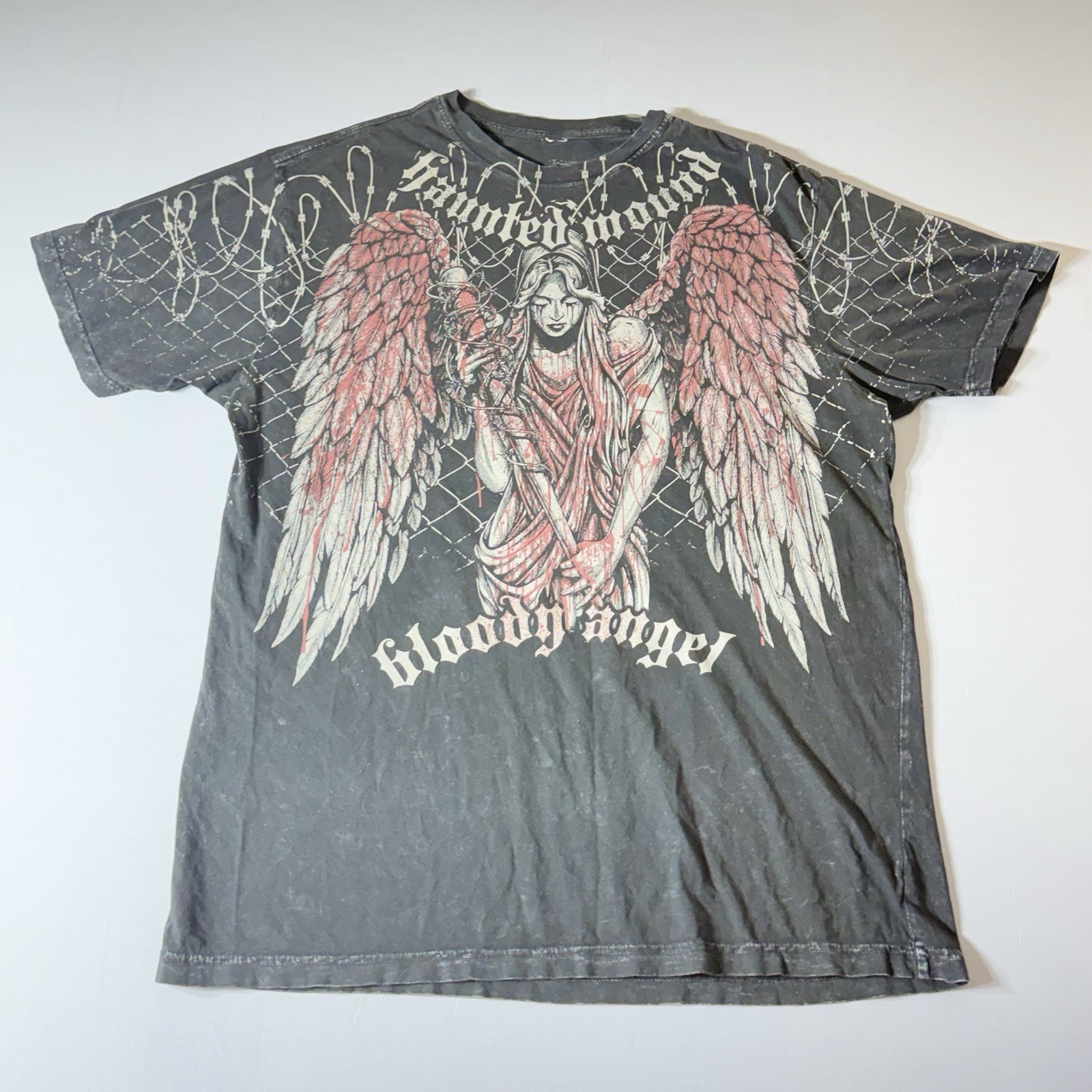 Affliction × Haunted Mound Bloody AngelT-Shirt Black Wash Size XL Sematary