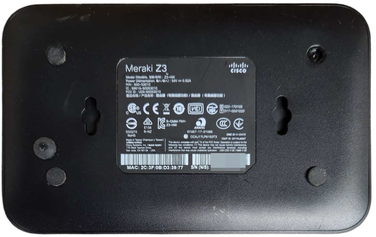 Cisco Meraki Z3 Wifi / 4P VPN Gateway Firewall with Genuine AC Adapter Unclaimed