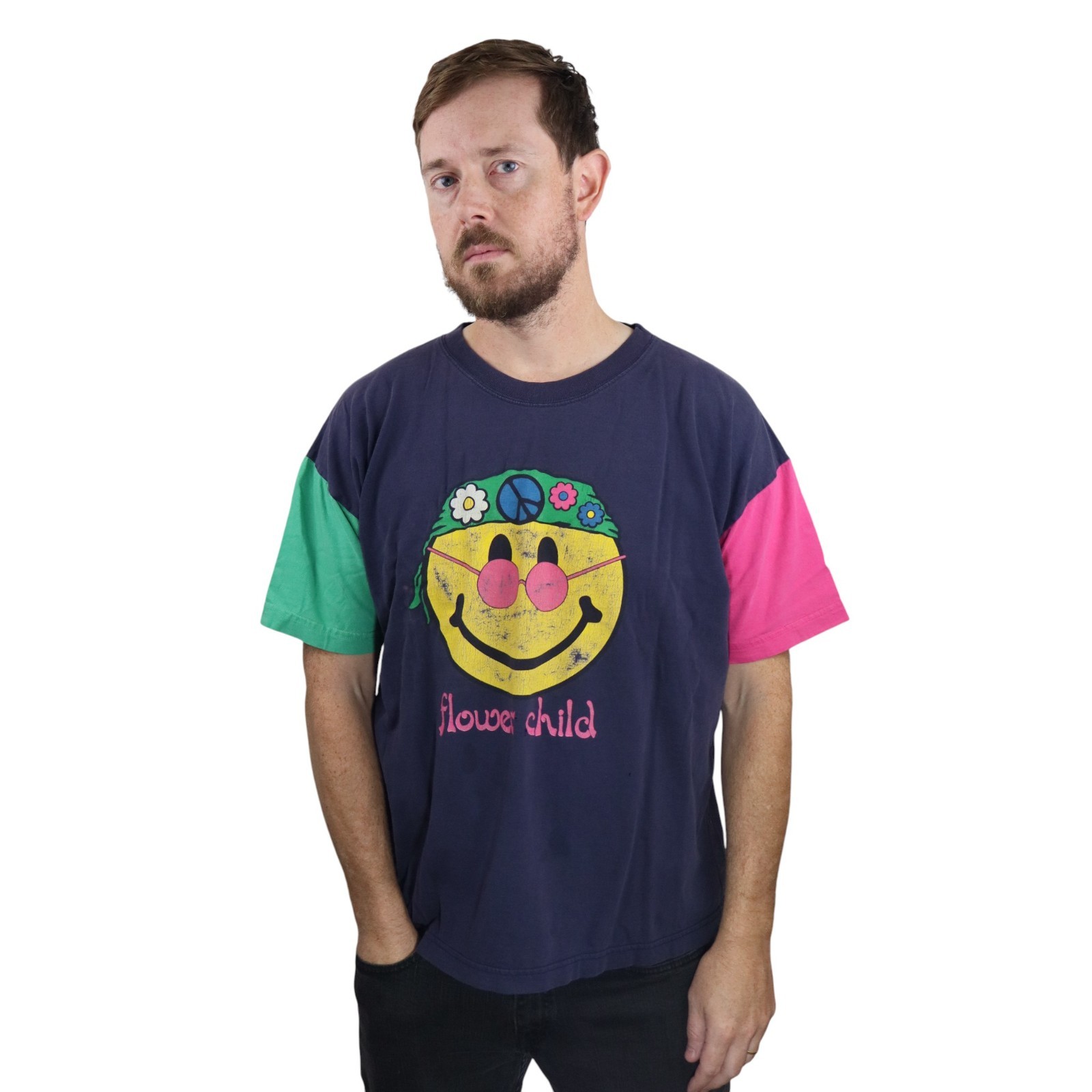 Vtg 90s Flower Child Smiley Face T Shirt Men XL Peace Sign Hippie Tee Streetwear gallery