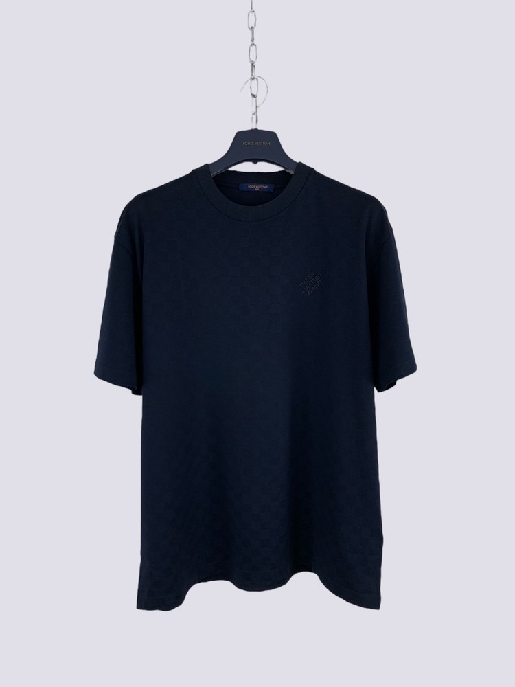 Louis Vuitton LV Embroidery Logo Damier Cotton Pique T-Shirt Navy Blue Size L