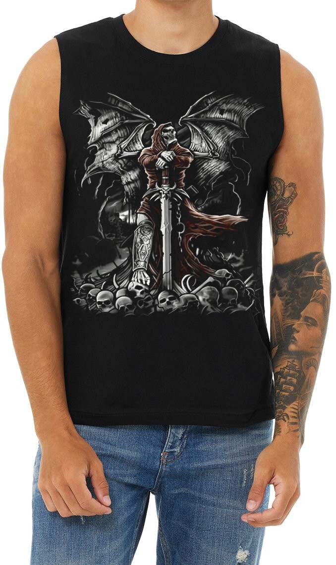 Skull T shirt Cut Off Shirts Sleeveless Muscle Tee Grim Reaper Graveyard gallery