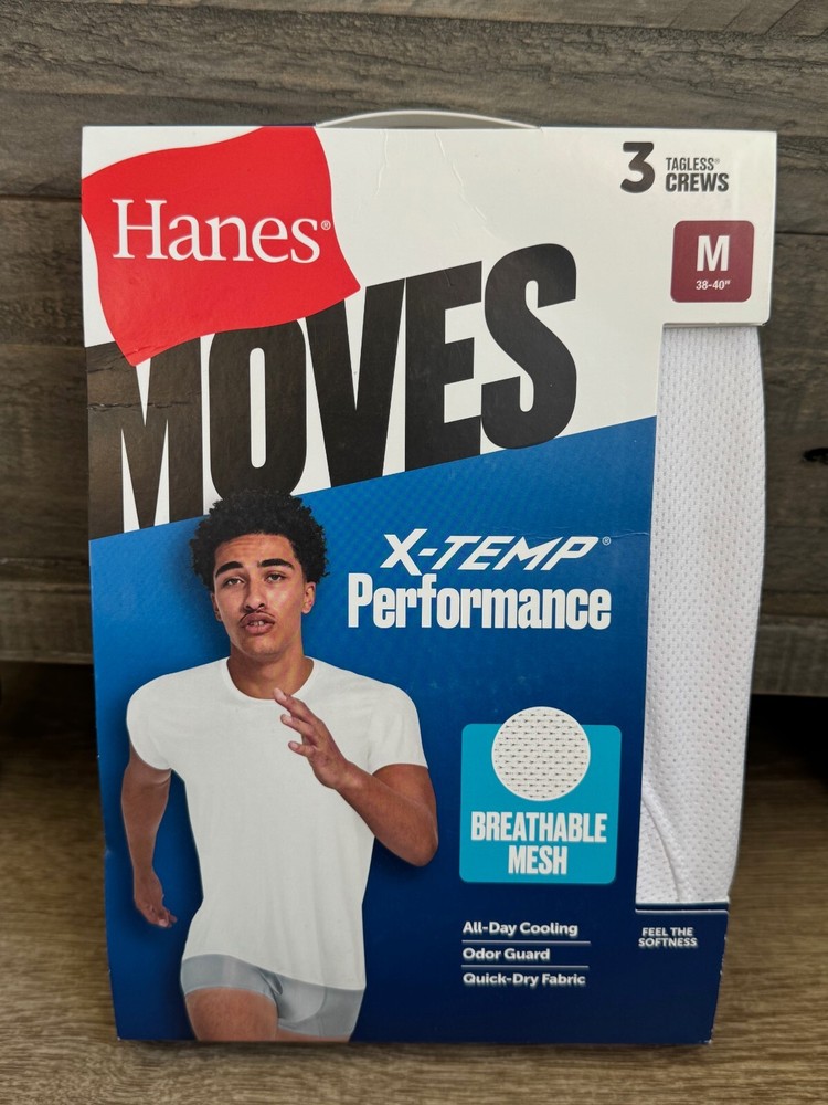 Hanes Moves 3 Pack Men WHITE X-Temp Performance Crew Neck Tee Breathable MEDIUM