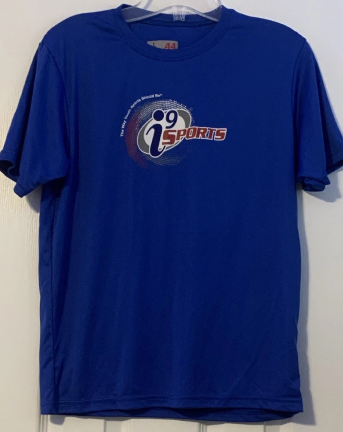 A4 Boys i9 Sports Logo T-Shirt Blue Youth L Short Sleeve Crew Neck Polyester