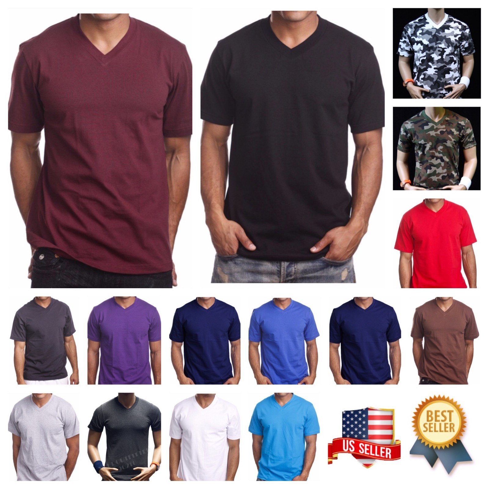 Men S-5XL T-Shirt HEAVY Weight V-NECK Camo Plain Solid Cotton Big Size Tee gallery