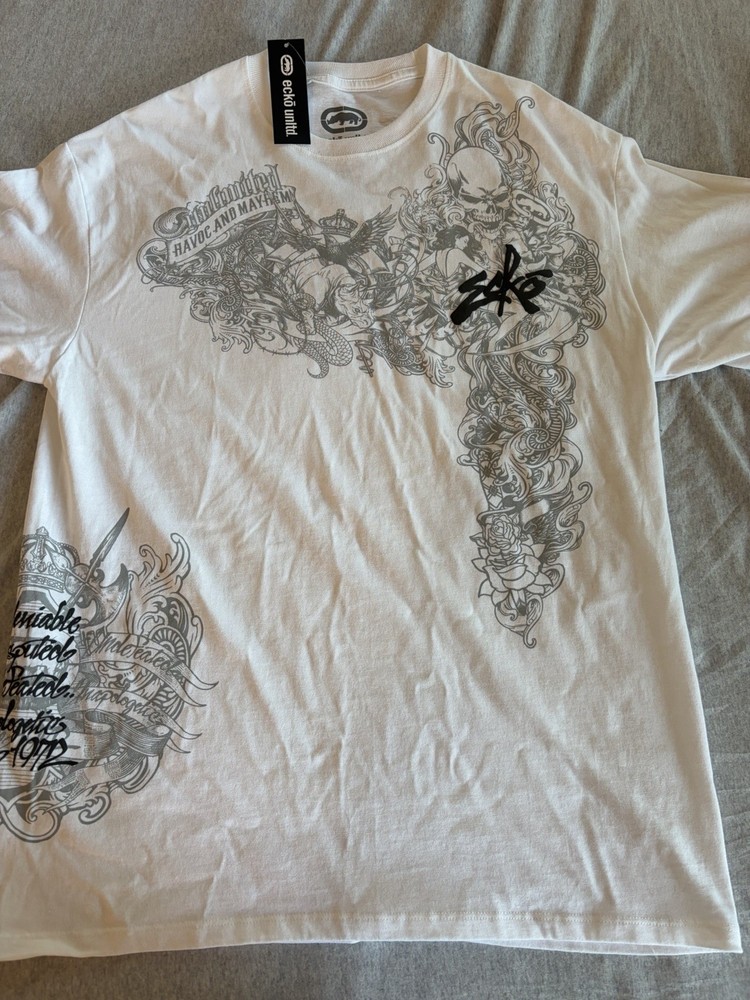 Ecko Unltd. Men’s L White Rawthemic Skull Graphic Logo Crew Neck T-Shirt