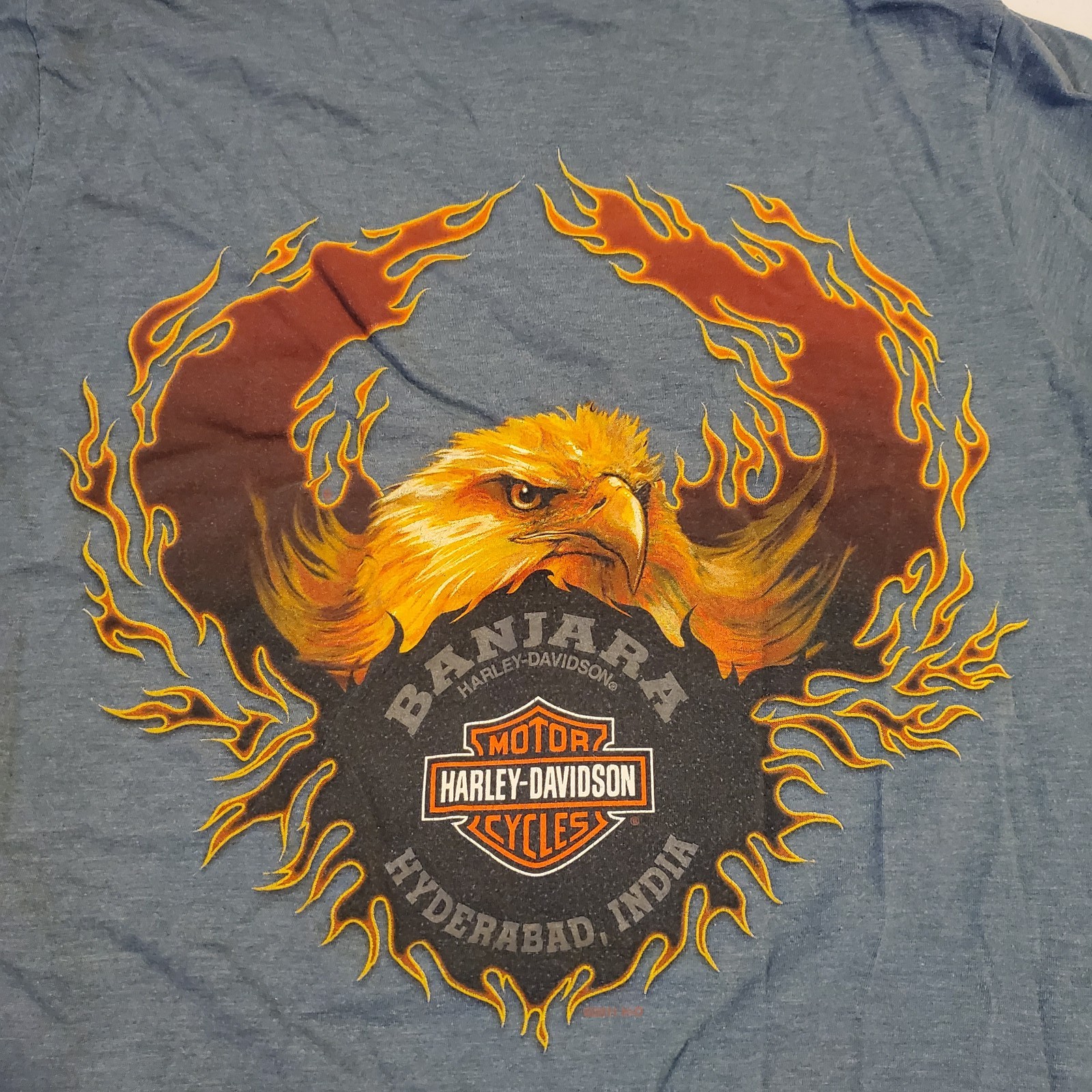 Harley-Davidson Hyderabad India Eagle Flame Wings T-Shirt Men's Medium Blue Y2K gallery