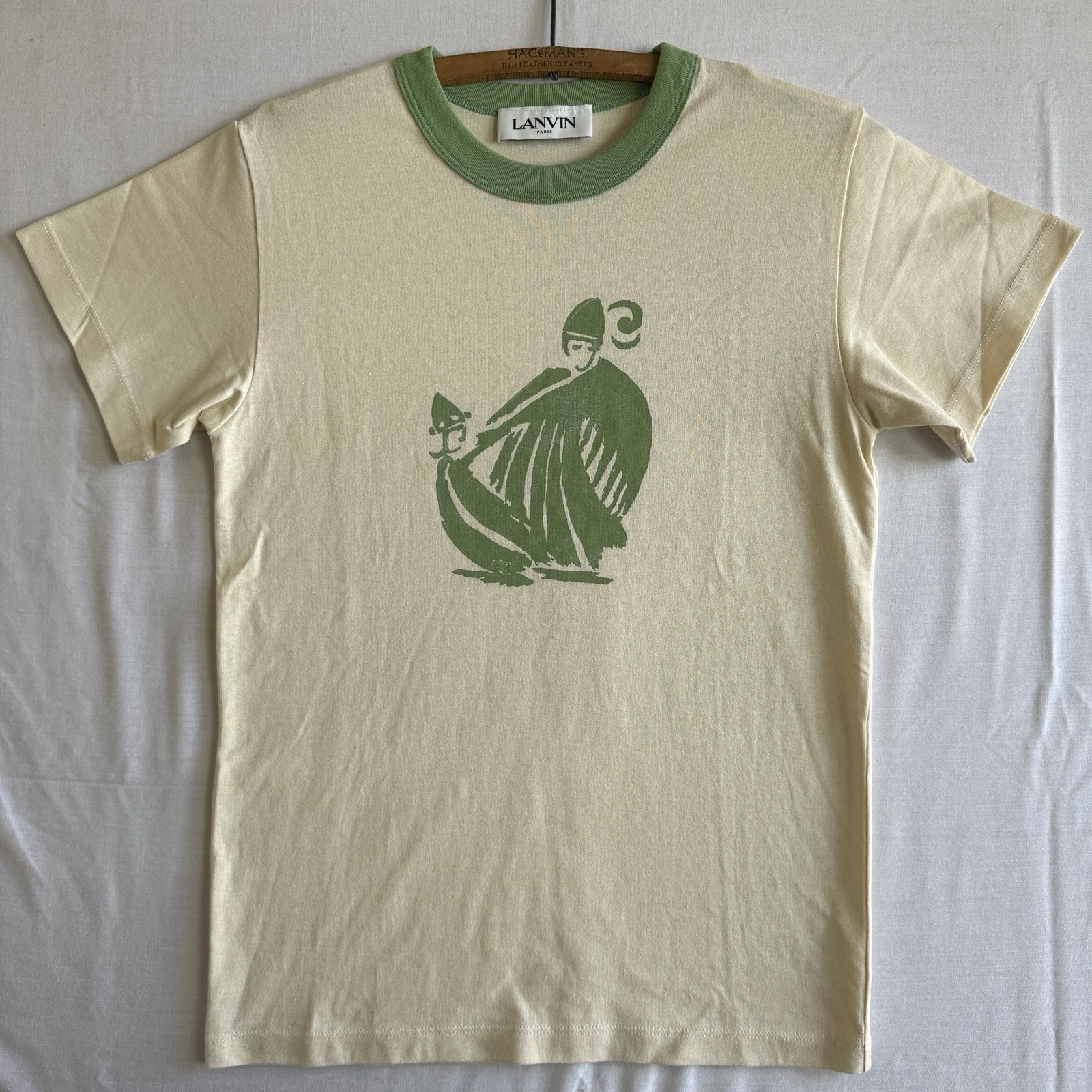 LANVIN Paris T-Shirt Beige Art Graphic Beige Green Ringer Italy Made (16x24.5”) gallery