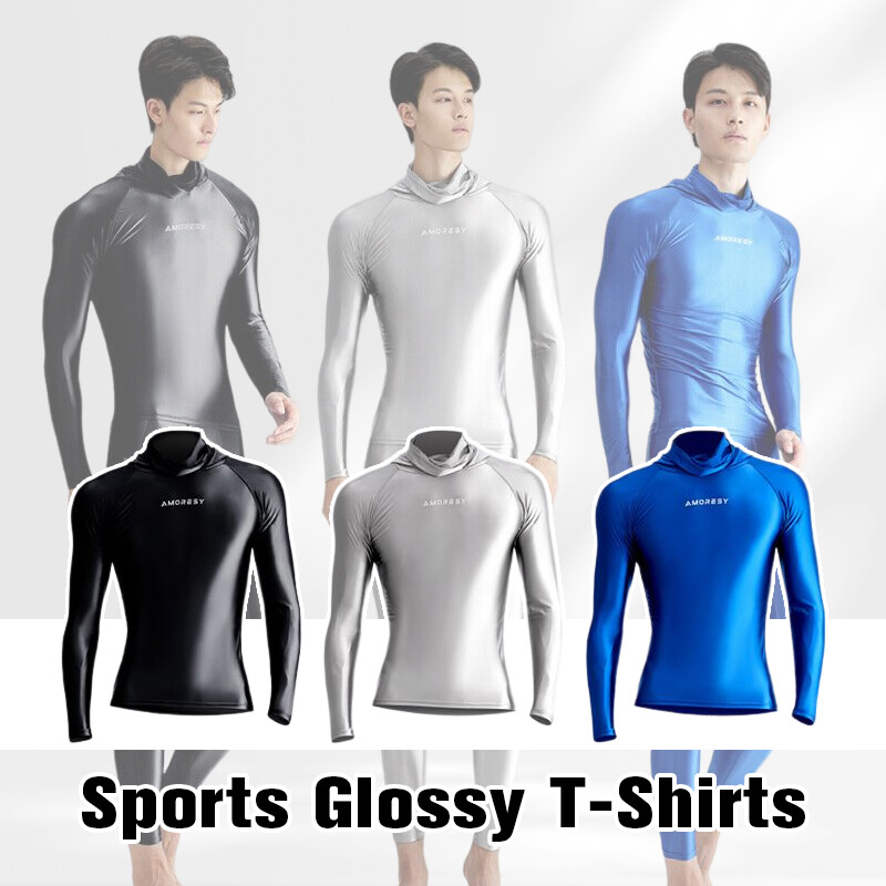 AMORESY Men Glossy Hooded T-shirt Sunscreen High Neck Long Sleeve Running Shirts gallery