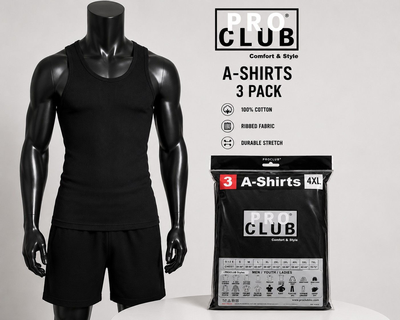 3 PACK PRO CLUB MENS A-SHIRT SIZES (S- 5XL) RIBBED TANK TOP WHITE/BLACK gallery