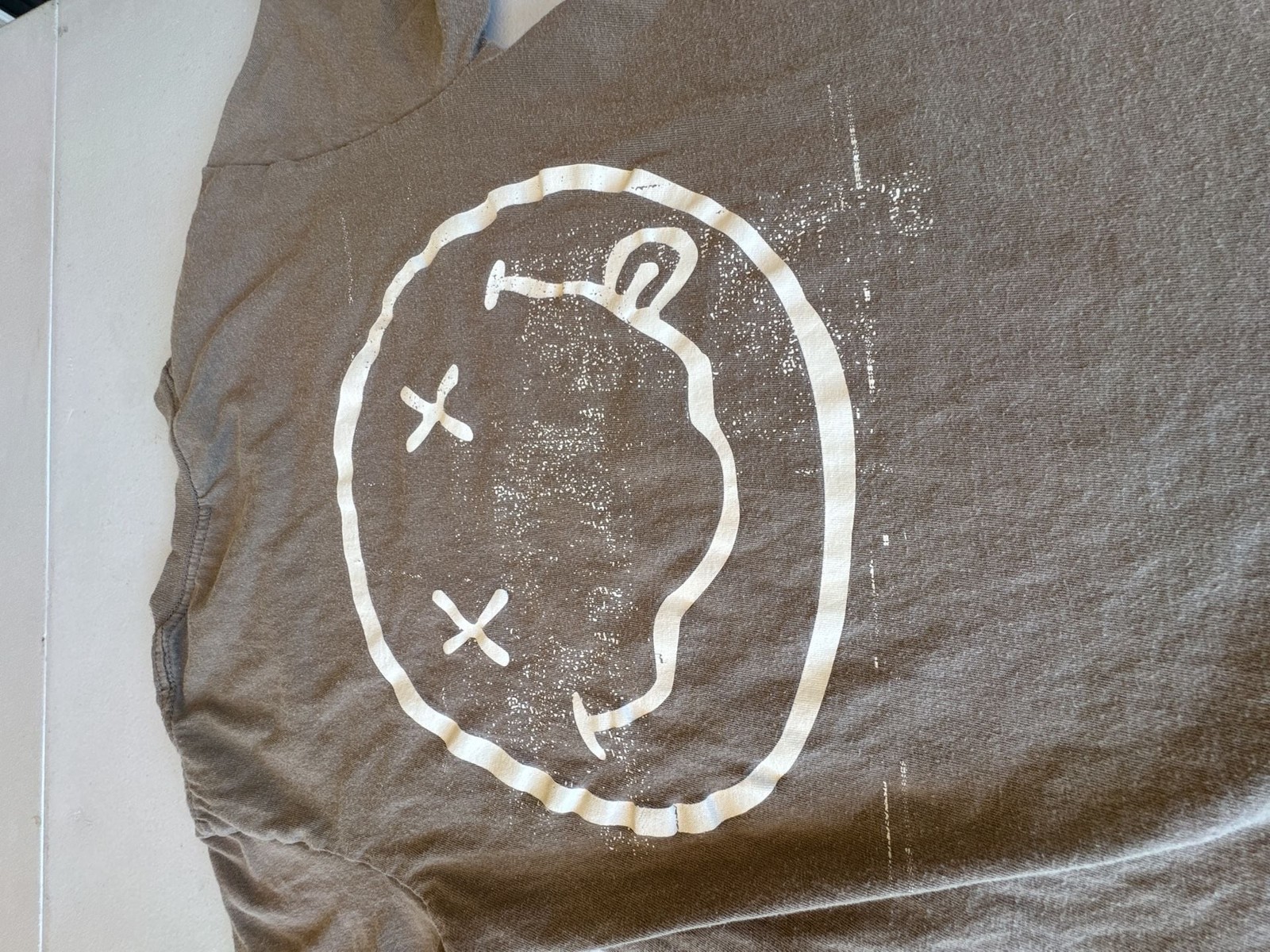 Nirvana Brown Two-Sided Graphic T-Shirt Stencil Logo Smiley Face. Reprint with a gallery
