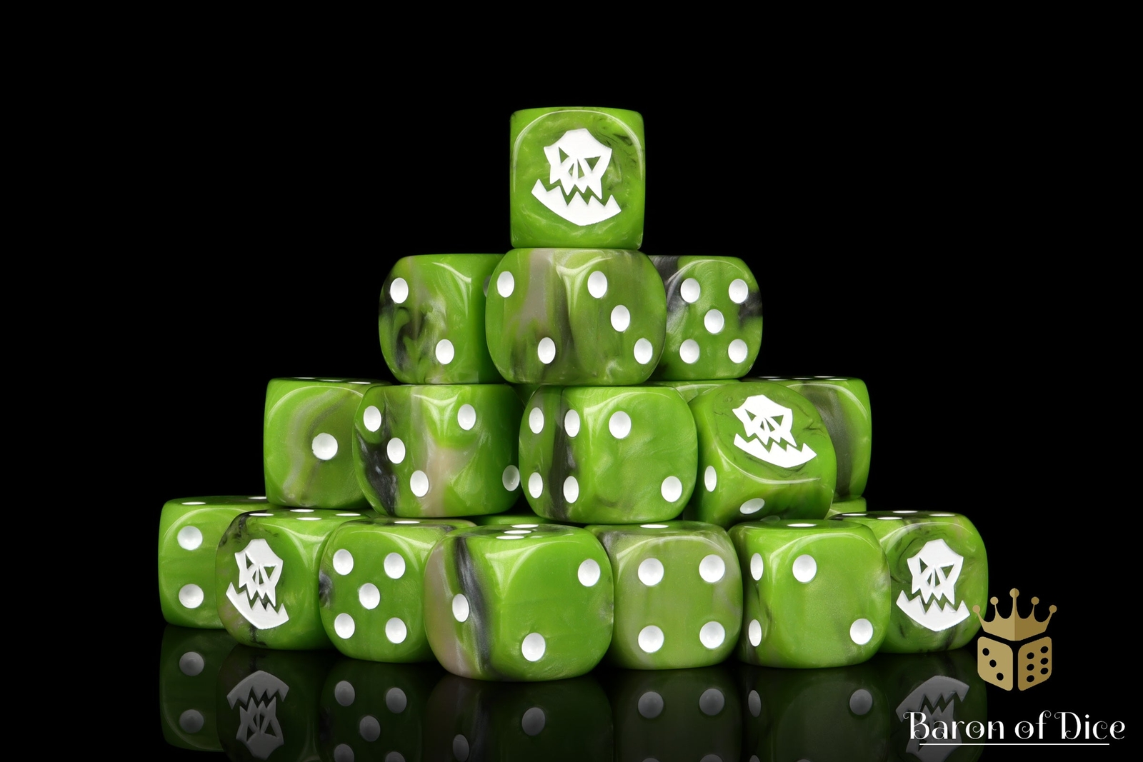 Orc Wargaming Dice - Resin D6s - Green with White Symbols