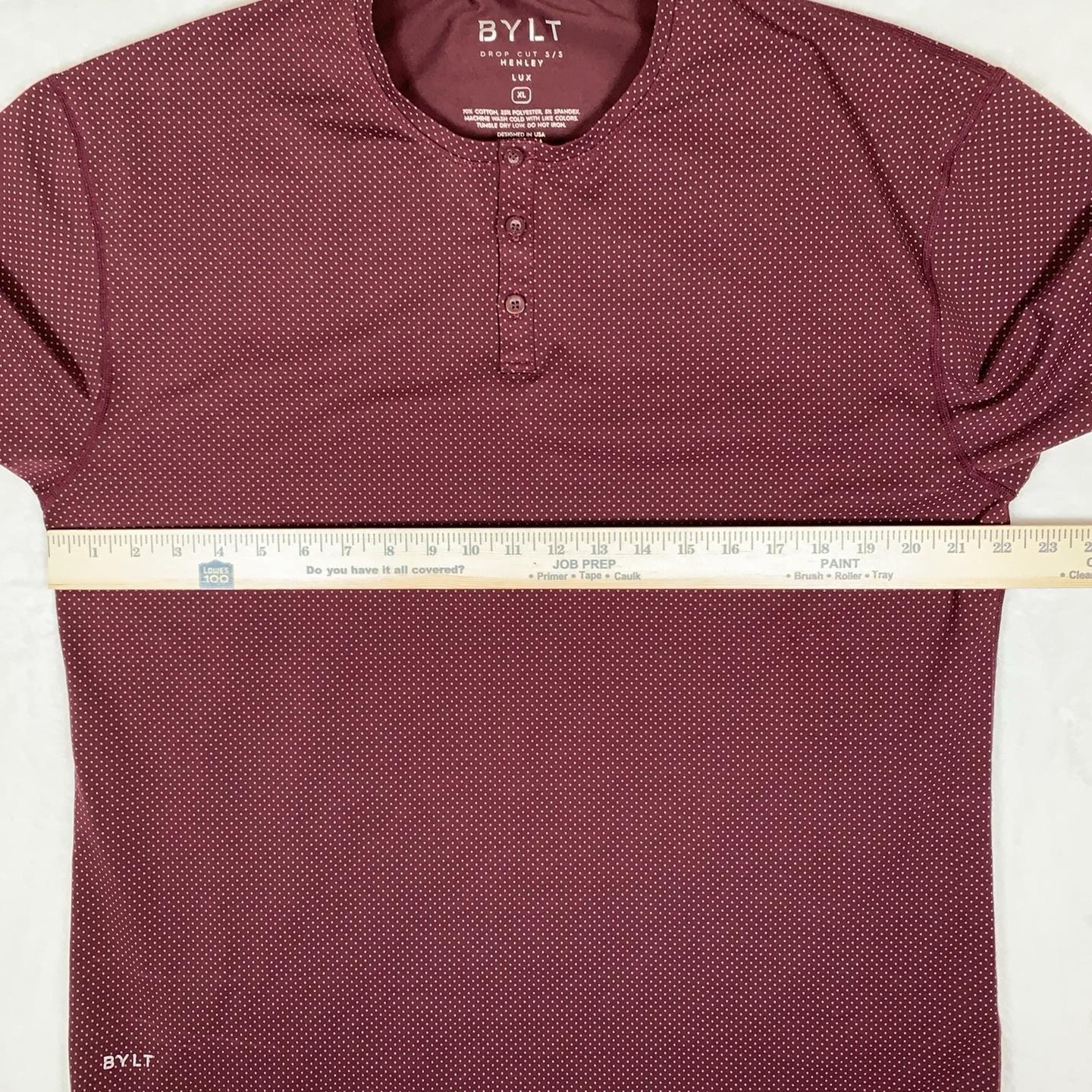 BYLT Drop-Cut Henley Shirt Mens XL Red Polka Dot LUX Short Sleeve Athletic Fit gallery