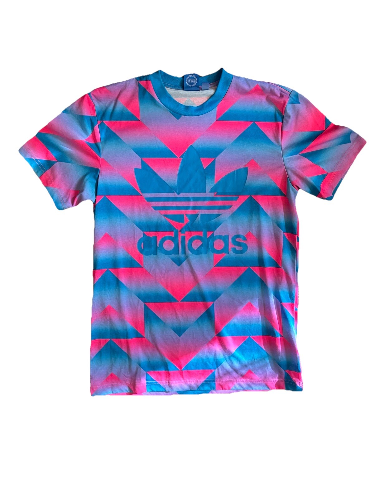 NWOT Sz Sm Unisex ADIDAS Originals Chevron Trefoil Graphic T-Shirt Pink Blue gallery