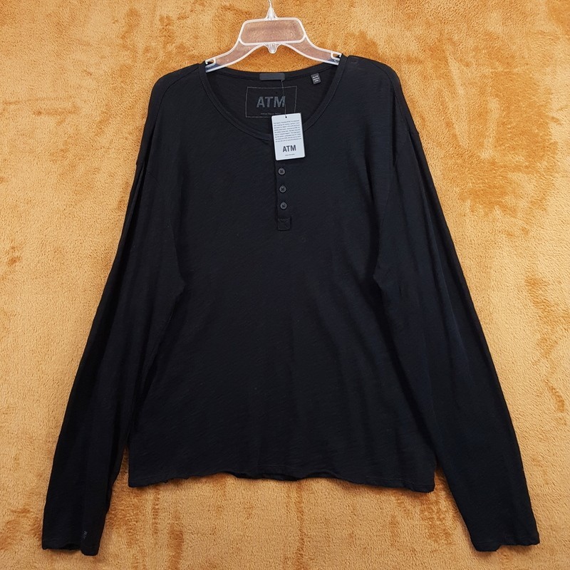 ATM Shirt Mens XL Black Pullover Henley Destroyed Lightweight Long Sleeve $145 gallery