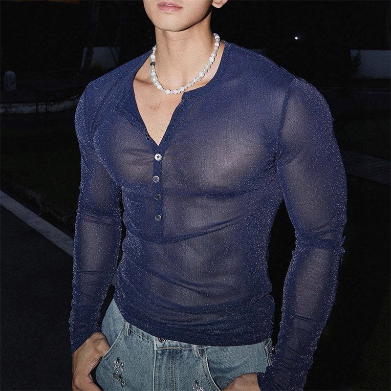 Mens Glitter Shirt Top See Through Lace T-Shirt Sheer Mesh Undershirts gallery