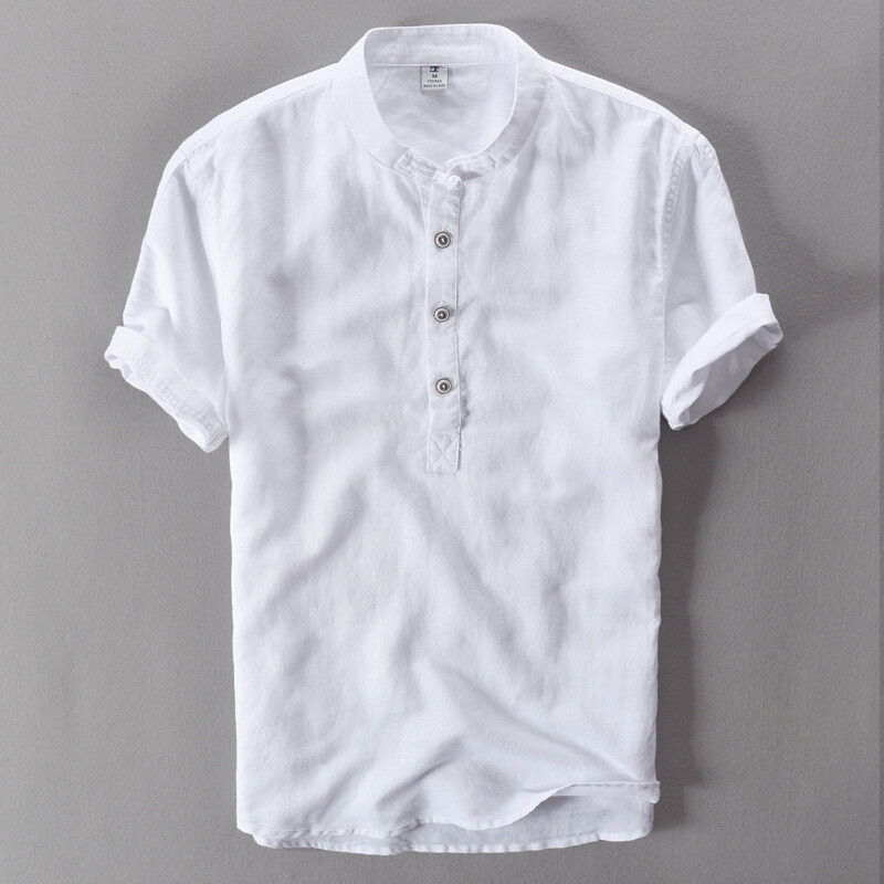 Men Linen Cotton Short Sleeve T-shirt Henley Neck Grandad Tops Tee Shirt White gallery