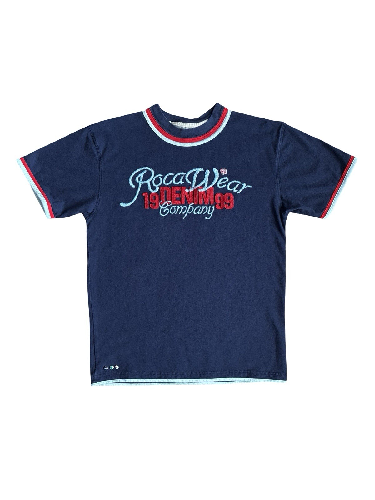 Vintage Y2K Rocawear Embroidered Graphic Short Sleeved Ringer T-Shirt Size L