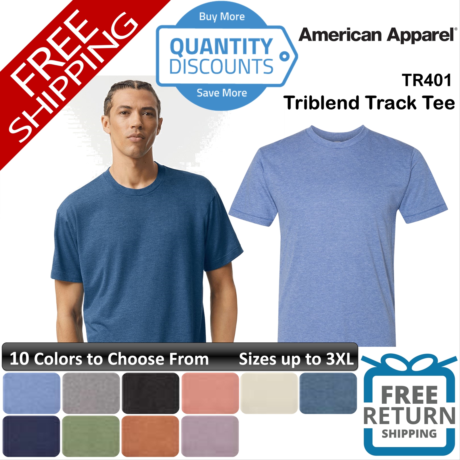 🔥 American Apparel Men Triblend Track Tee Light Shirt Blend Up To 3XL Tr401