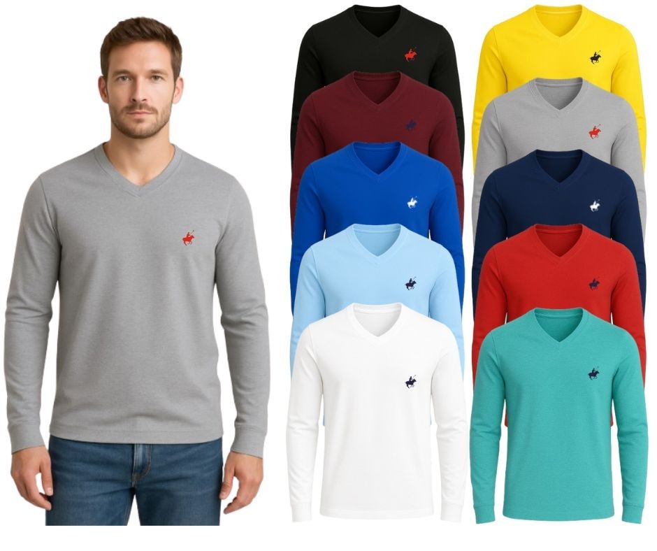 Men's 100% Cotton Long Sleeve V-Neck (4-Pack) gallery