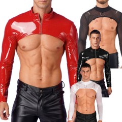 US Sexy Mens Long Sleeve T-shirt Solid Color Crop Top Vest Shirt Tight Nightclub
