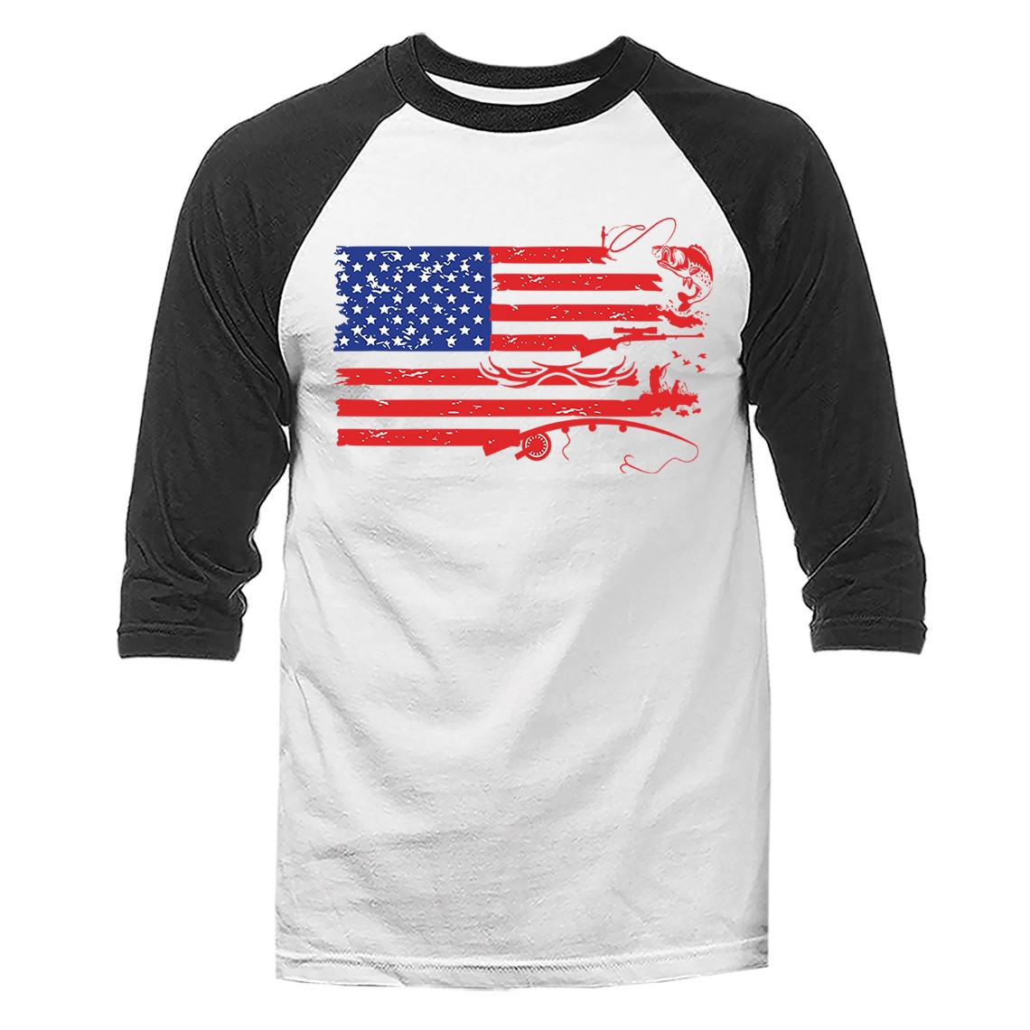 American Flag Fish Deer Fishing & Hunting Patriotic Outdoor Raglan
